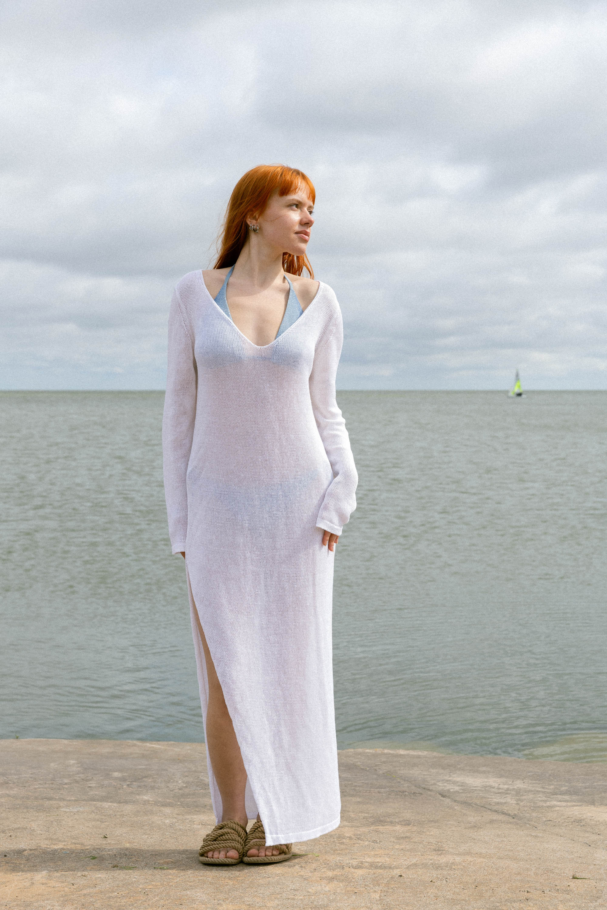 long white linen dress RIVIERA/ sleeveless linen wrap dress / wrap dress / linen dress stretch material Beyond Yoga SoftWash Linen Halter