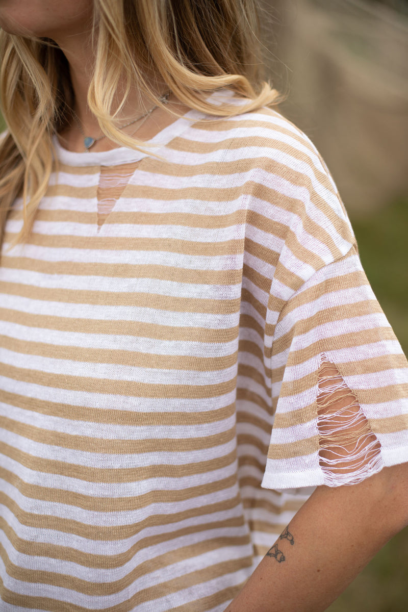 Energia Ripped Linen T-shirt Caramel Striped