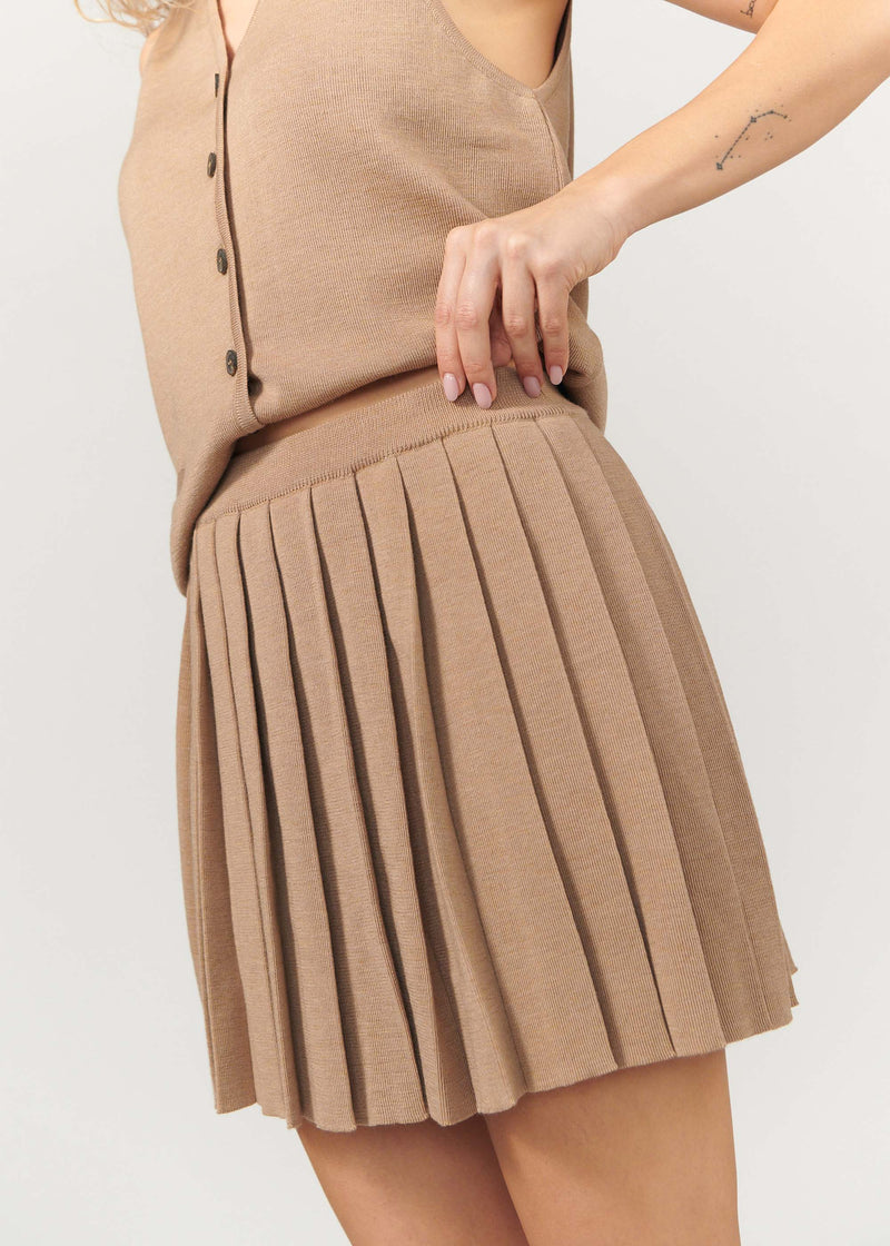 Piccolo Pleated 100% Merino Mini Skirt Beige